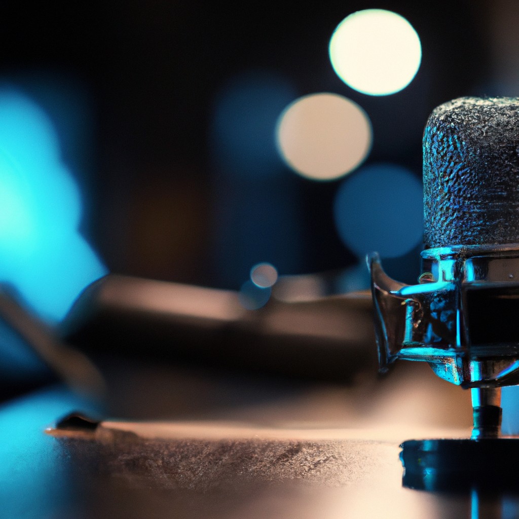 Modern recording studio with a large-diaphragm microphone, teal accent lighting, and a dark acoustic booth background representing Talveron Voice Academy